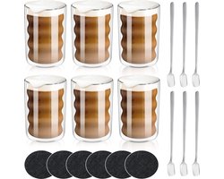 Set van 6 Latte Macchiato Glazen, Dubbelwandig, 350 ml, Thermisch Glas Gemaakt van Borosilicaatglas, Spiraal Espresso Kopjes, Koffiekopjes, Drinkglazen, Cappuccino Kopjes, IJscoupes, Glas, 6 Lepels.