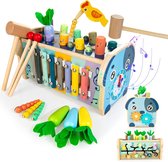 7-in-1 houten hamerspeelgoed, Montessori-speelgoed vanaf 2, 3, 4 jaar, klopspel met xylofoon, cijfer-labyrint, klok, tandwielen, worteloogst, specht vangt wormen magnetisch spel voor kinderen