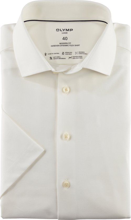 OLYMP Luxor 24/7 modern fit overhemd - korte mouw - Dynamic Flex - lichtbeige - Strijkvriendelijk - Boordmaat: 48