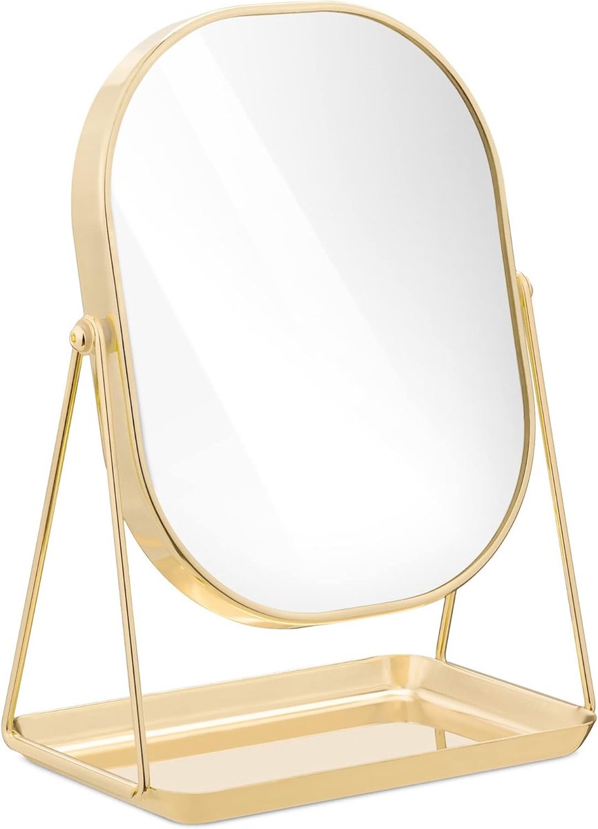 Make-up spiegel met sieradentray Staande scheerspiegel met metalen frame Draaibare cosmeticaspiegel met standaard Roségoudkleurig