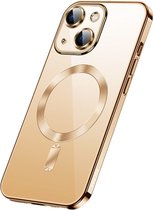 Apple iPhone 14 plus silicone Back cover met lenzbeschermer/Magsafe compatible /magneet case Telefoonhoesje/transparant met Goud randen