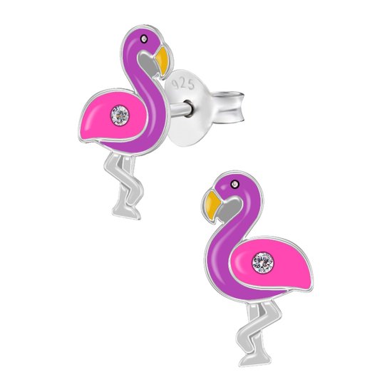 Zilveren oorbellen meisje | Oorbellen kind | Zilveren oorstekers, roze met paarse flamingo met kristal