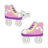 Zilveren oorbellen meisje | Oorbellen kind | Zilveren oorstekers, rolschaats in pastelkleuren met regenboog en glitters