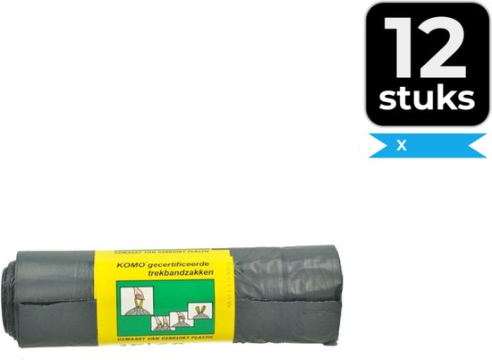 Rouleau de sacs poubelles noirs KOMO avec cordon de serrage, fabriqués à partir de plastique recyclé. Emballage indiqué comme '12 pièces'.