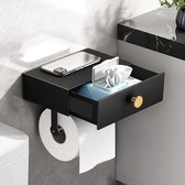 Toiletrolhouder met natte doekjes box, geen boren, toiletrolhouder met plank, toiletpapierhouder met opbergruimte, wandmontage (zwart/goud)