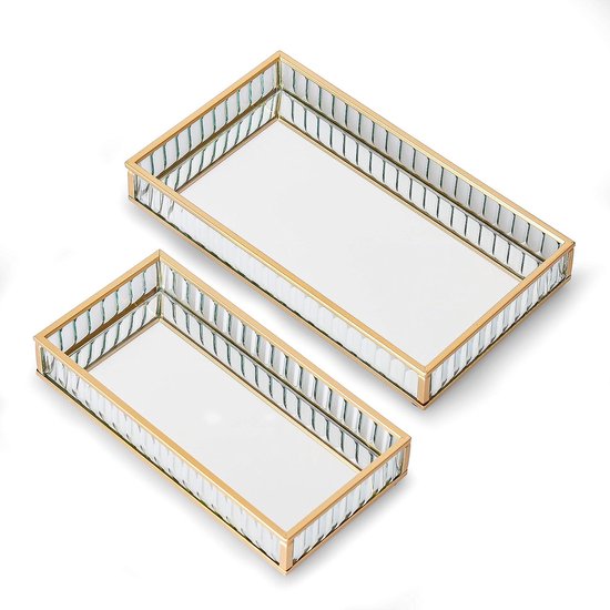 Jewelry Box Glass Tray Gold Set of 2 24 x 14 20x10cm Cosmetic