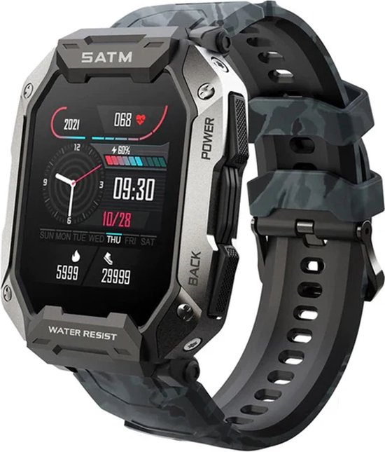 DrPhone C20 Militaire Smartwatch voor heren - Activity Tracker met Hartslag - Bloedzuurstofmonitoring - IP68 - Volledig touchscreen – Bluetooth 5.0 - 23 sportactiviteiten – Camo/Zwart