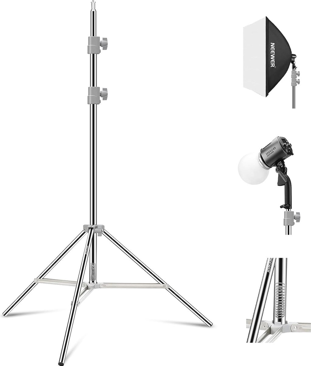 Neewer® - Fotostandaard - Roestvrij Staal met Veerbelasting - Opvouwbare Fotografie Statiefstandaard met Versterkte Buisverbindingen voor Strobe Softbox LED Ringlicht - Max Belasting 13.5 kg - Neewer®