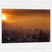 Muursticker - Huizen - Zonsondergang - Sneeuw - Winter - 80x60 cm Foto op Muursticker