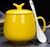Keramische mok, koffiekop, mok, keramische kop met deksel, theekop met deksel, koffiekop met deksel en lepel, 1 stuk (geel + deksel + lepel)