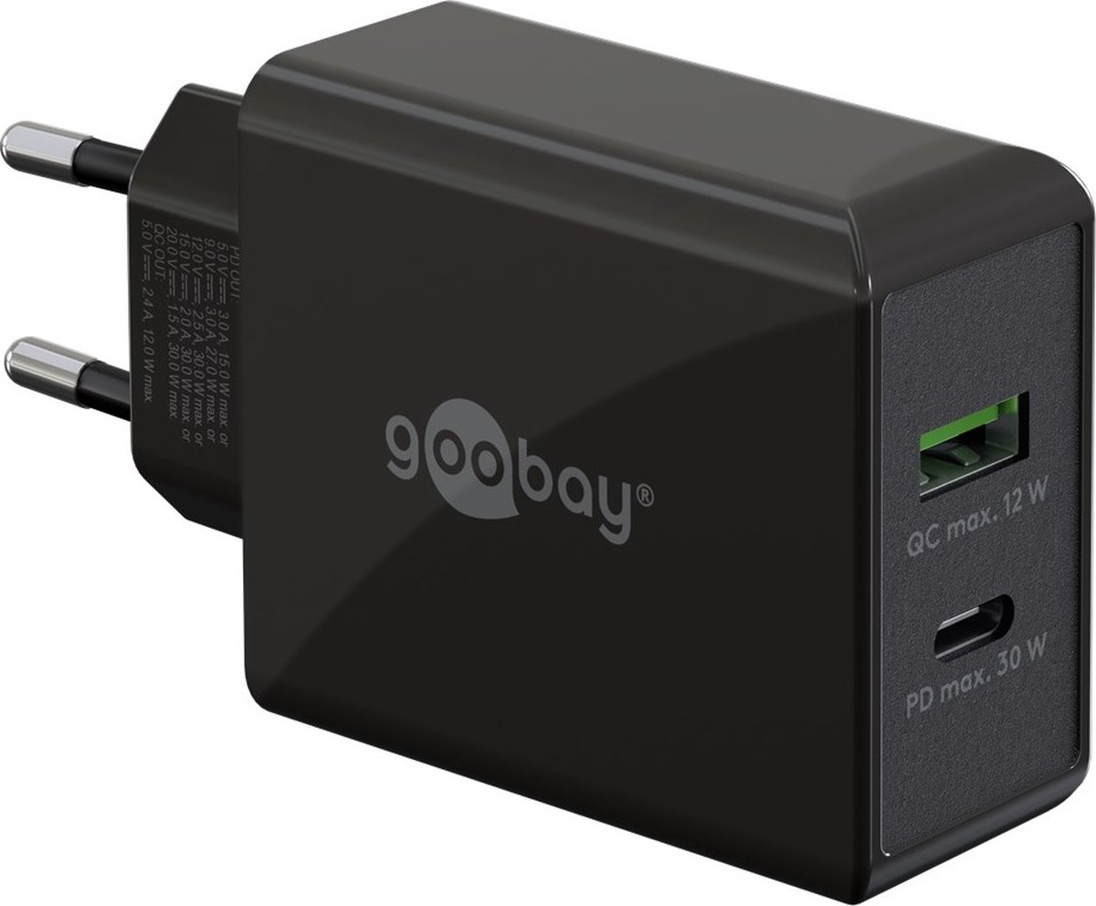 Goobay thuislader met 1x USB-C PD en 1x USB-A - 30W / zwart