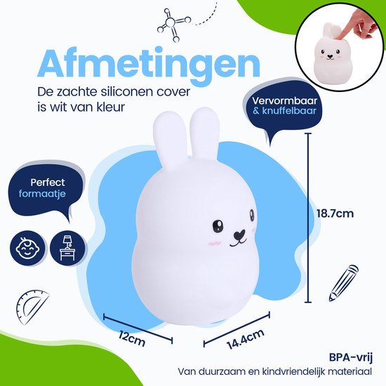 Kadoing Konijn Nachtlamp (Groot) met Afstandsbediening - Konijntje Kinderlamp Oplaadbaar - 18.7cm Hoog