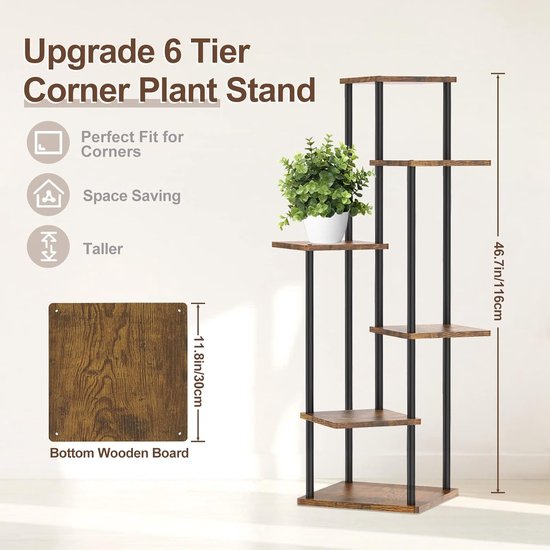 Rechthoekige plantentafel van metaal & hout – Rechthoekige plantenstandaard voor binnen & buiten (overdekt) – Plantentafel & plantenhouder – Tuin- & woondecoratie – Modern design – Zwart