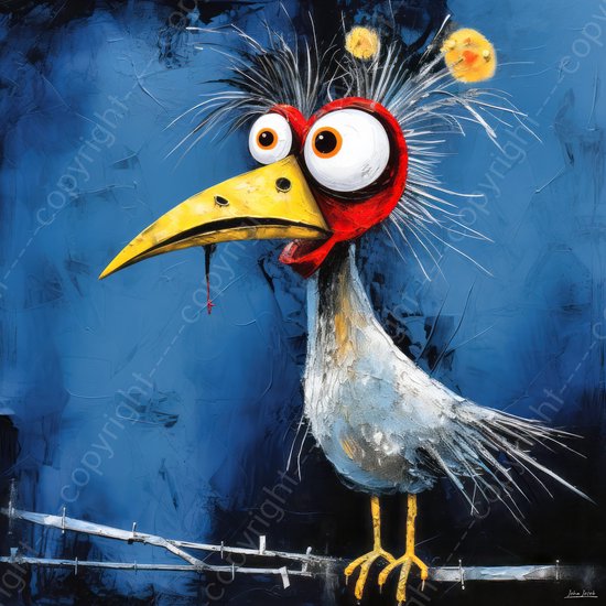 JJ-Art (Aluminium) 100x100 | Gekke kip in abstract geschilderde stijl, kunst, felle kleuren, kleurrijk | dier, haan, vogel, blauw, geel, rood, wit, vierkant, modern | foto-schilderij op dibond, metaal wanddecoratie