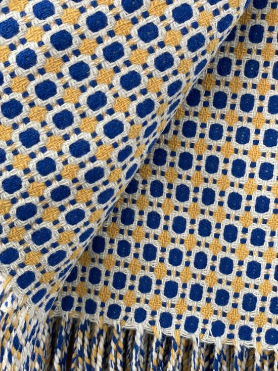 Burel Portugal, wollen plaid, deken wol, Vintage roomwit, blauw en geel. 130x180 cm