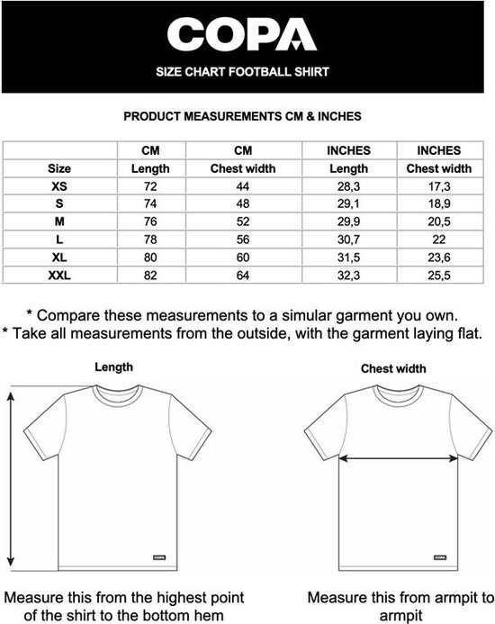 Maattabel voor COPA voetbalshirts met lengte- en borstbreedtematen in centimeters en inches.