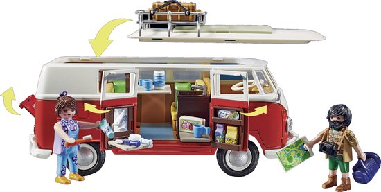 PLAYMOBIL camperbus, rood en wit, met open deuren, figuren en accessoires, met afneembaar dak.