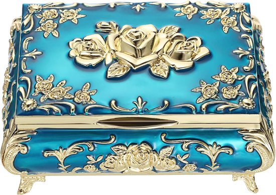Vintage sieradendoos met deksel van blauw metaal met gouden bloemvorm sieradendoos sieradendoos sieradenkoffer voor ring armband oorbellen voor dames, cadeau voor zachte nachten verjaardag (midden)