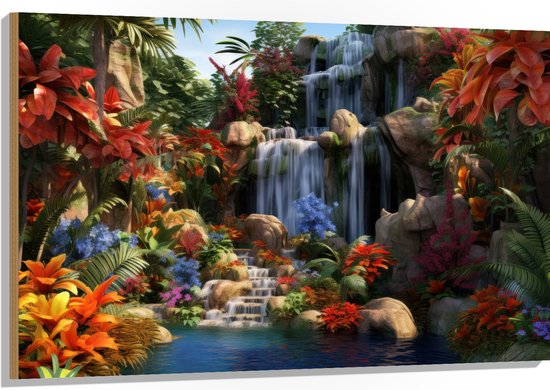 Hout - Waterval - Bloemen- Kleuren - Planten - 120x80 cm - 9 mm dik - Foto op Hout (Met Ophangsysteem)