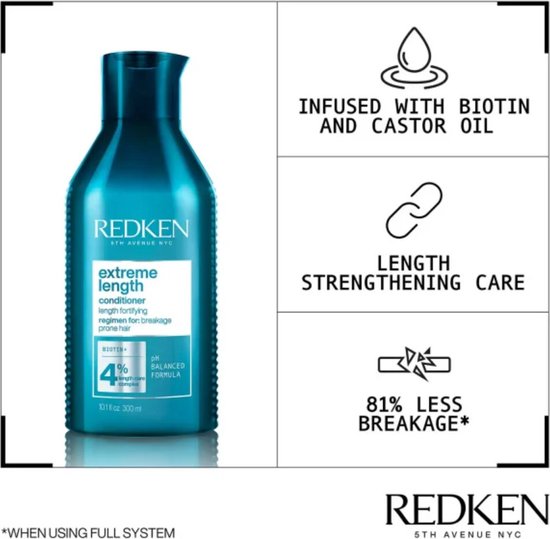 Aquafl fles Redken Extreme Length conditioner naast pictogrammen die infuus met biotine en castorolie, lengte versterkende zorg, en 81% minder breuk tonen.