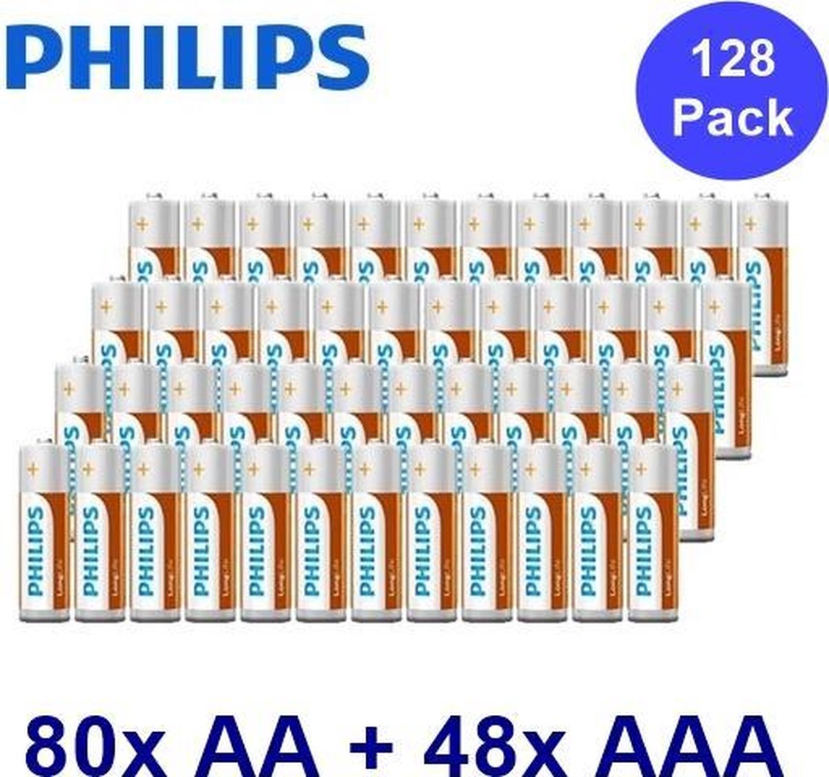 128 Stuks - Philips Power Pack - Longlife 80x AA + 48x AAA