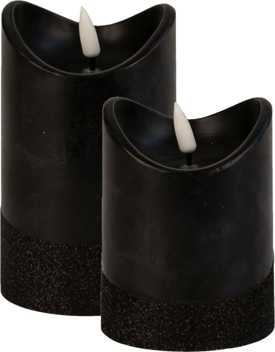 LED stompkaarsen - set 2x st - zwart - warm wit licht - wax - H10 en H12,5 cm