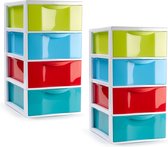 Plasticforte ladeblokje/bureau organizer - 2x - 4 lades - multi kleuren - L18 x B25 x H33 cm