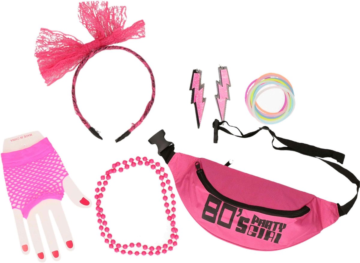 Meleager – Déguisement Années 80 / 90 Femme, Accessoires Disco : Bandeau, Foulard, Lunettes Cœur, Gants Résille Et Boucles D’oreilles, Tout En Rose
