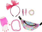 Foute 80s/90s party verkleed set compleet - dames - roze - jaren 80/90 verkleed accessoires