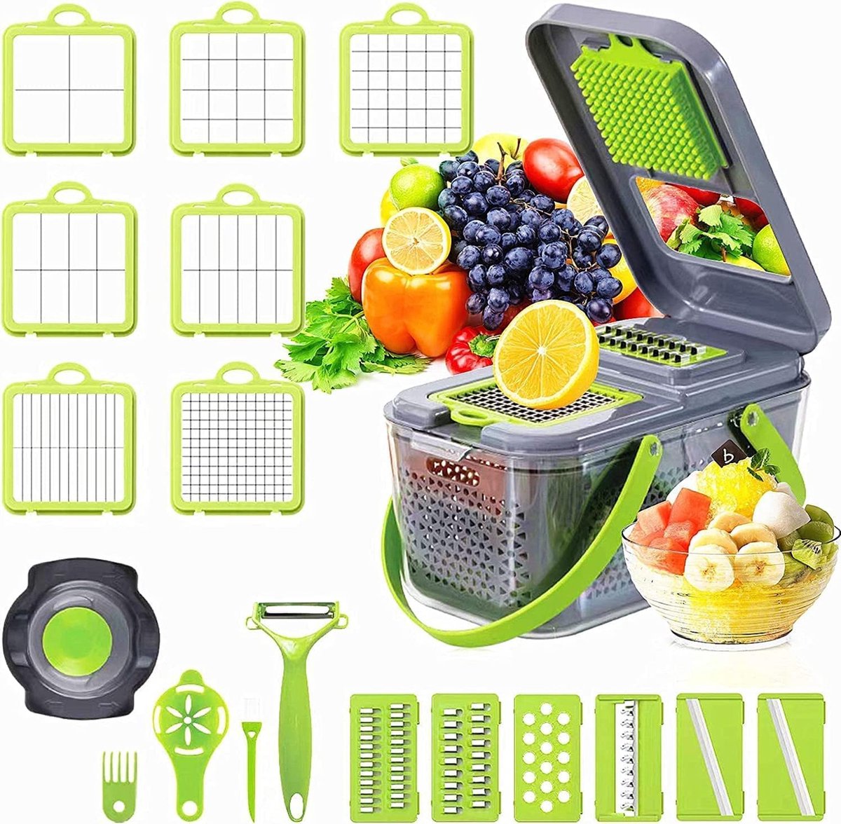 Coupe-légumes Multifonction 22 En 1 - 13 Lames Inox, Bac 2,4 L, égouttoir, Rangement Frigo, Hachoir Inclus