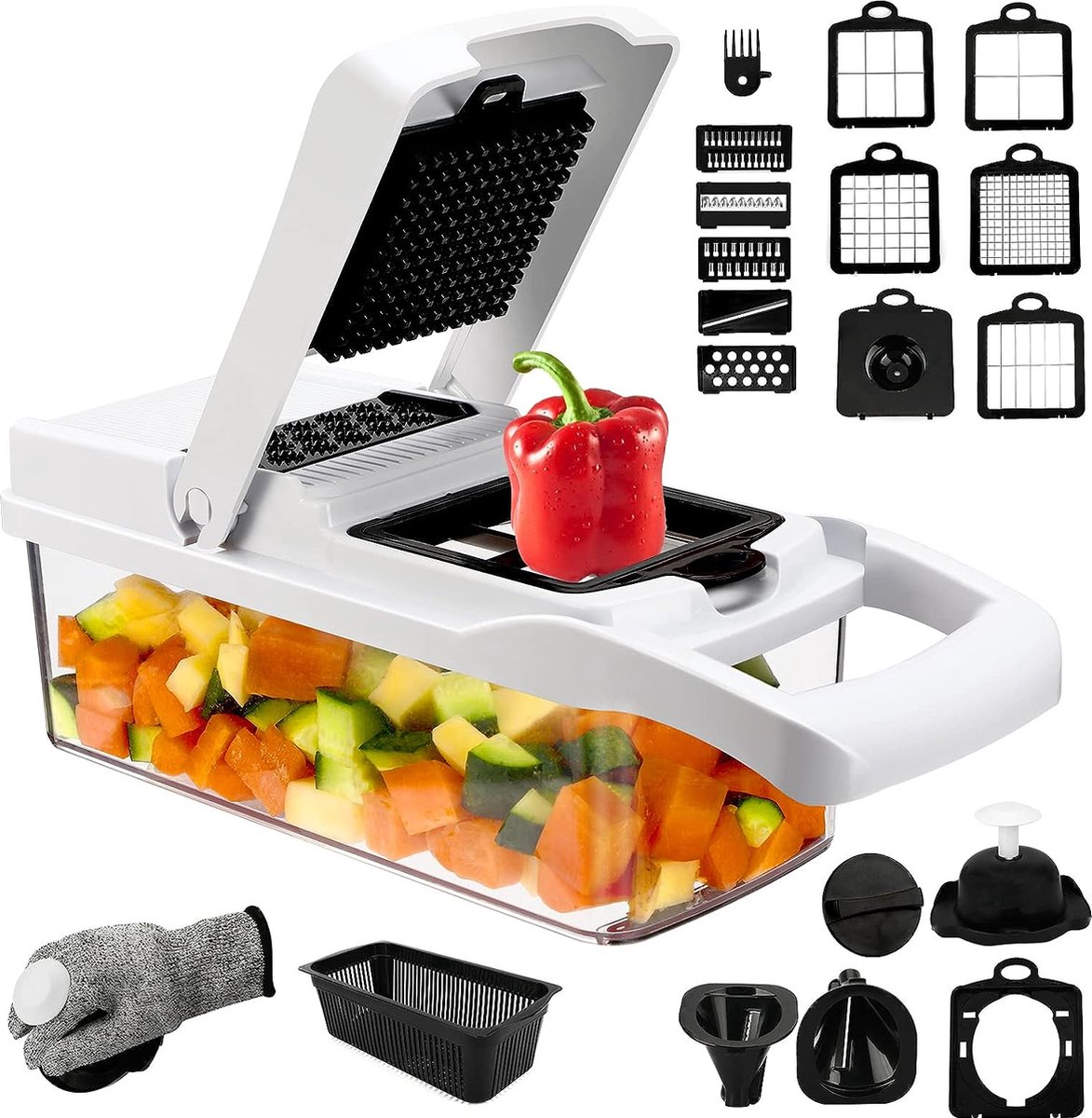 Vegetable Cutter - Groentesnijder met verschillende mesjes - met Schaal - Mandoline - Uiensnijder / Vegetable chopper