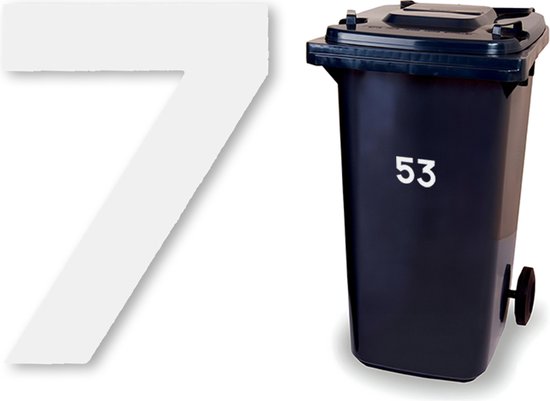 Donkerblauwe vuilnisbak met nummer 53, naast een grote witte 7.
