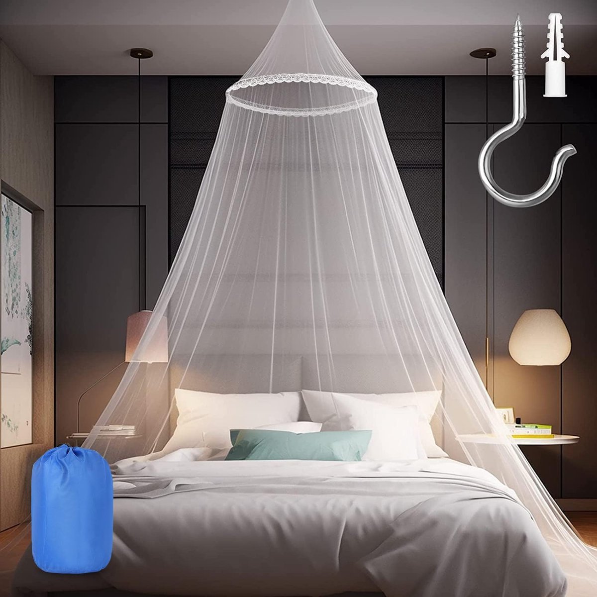 Klamboe voor Bedden - Grote Witte Bedhemel voor Meisjes - Hangend Bednet voor Slaapkamer Decoratie - Ideaal voor Reizen - Inclusief Opbergtas - Eenvoudig te Bevestigen - Kanten Bloem Detail