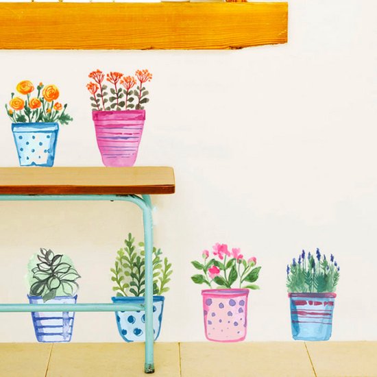 Muursticker bloemen in pot - Raamsticker -  planten - bloempot - lavendel - wanddecoratie - muurdecoratie - Stickerkamer®