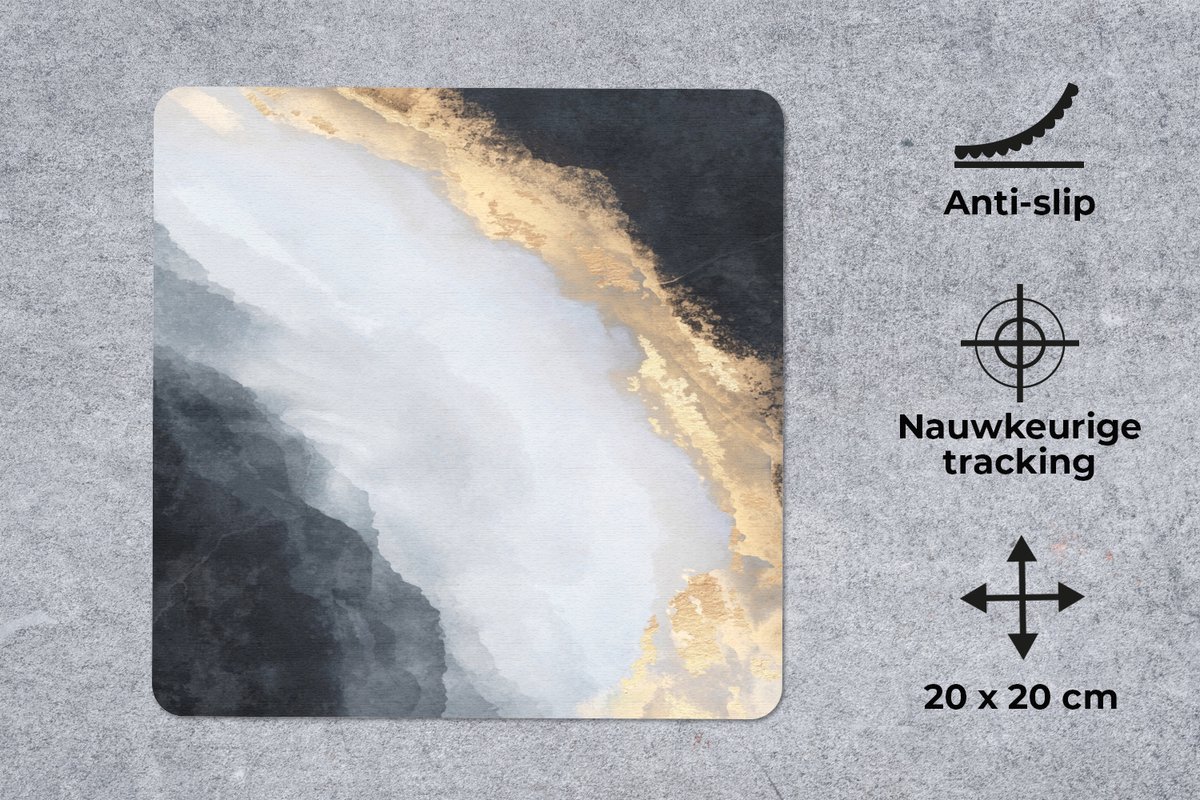 Muismat 20x20 cm - Mousepad Abstract - Verf - Goud - Zwart - Marmer print - Muismatten