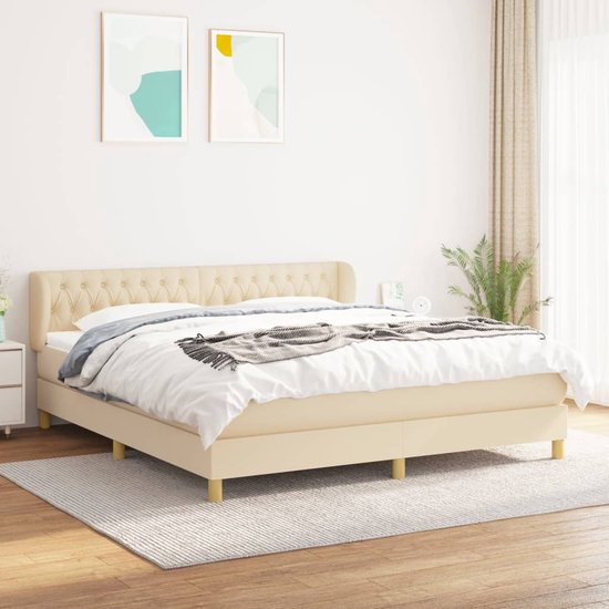 The Living Store Boxspringbed - Comfort - Bed 180x200 - Crème stof - Pocketvering matras - Middelharde ondersteuning - Huidvriendelijk topmatras