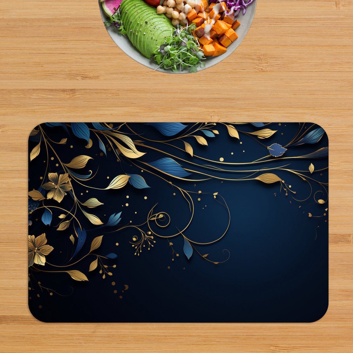 Luxe Placemat - Donker Blauwe Achtergrond met Gouden Bloemen - Set van 6 Placemats - 45x30 cm - 2 mm dik Vinyl - Anti Slip - Afneembaar — cadeau in Wonen & Interieur - foto 5
