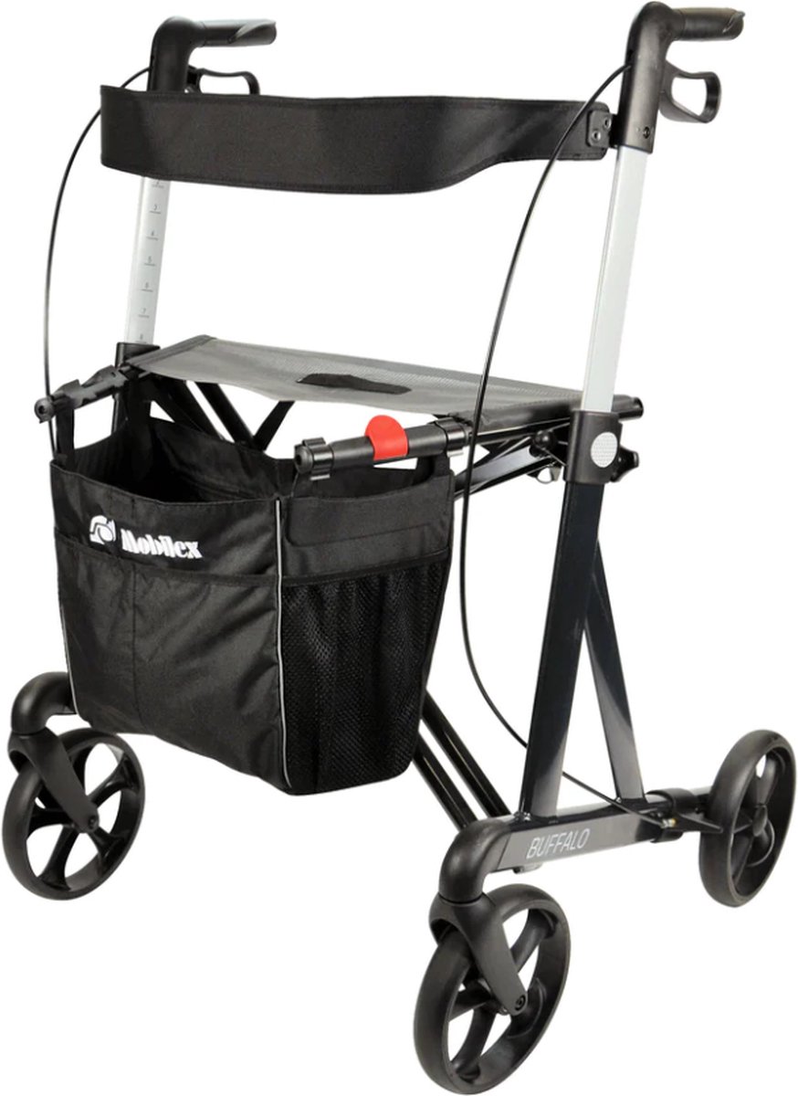 Mobilex Buffalo - HD rollator - Heavy duty - Standaard banden - Zithoogte 55 cm - Opvouwbaar - Inclusief tas, rugband en stokhouder - Grijs