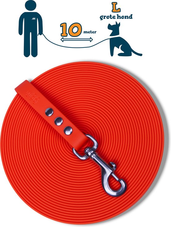 Miqdi lange lijn - BioThane® – neon oranje - 10 meter lang – 19mm breed – L/XL – grote hond – sleeplijn - géén handvat