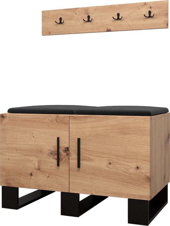 Garderobekast Ganggarderobe Compacte garderobe Vestibule Wandkast Plank Hal & Gang Kast Schoenenkast Gestoffeerde panelen en met een kussen - (BxHxD): 84x52x45,6 cm - ERNETST 21 - Artisan (Zwart (Manila 18))