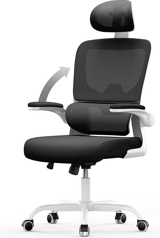 Ergonomische bureaustoel - Fauteuil - met 90° opklapbare armleuning - Adaptieve lendensteun - In hoogte verstelbaar Wit