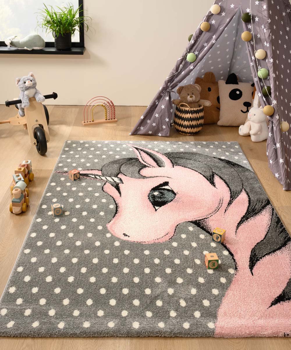 Tapeso Kindervloerkleed unicorn - Adventures grijs/roze 160x230