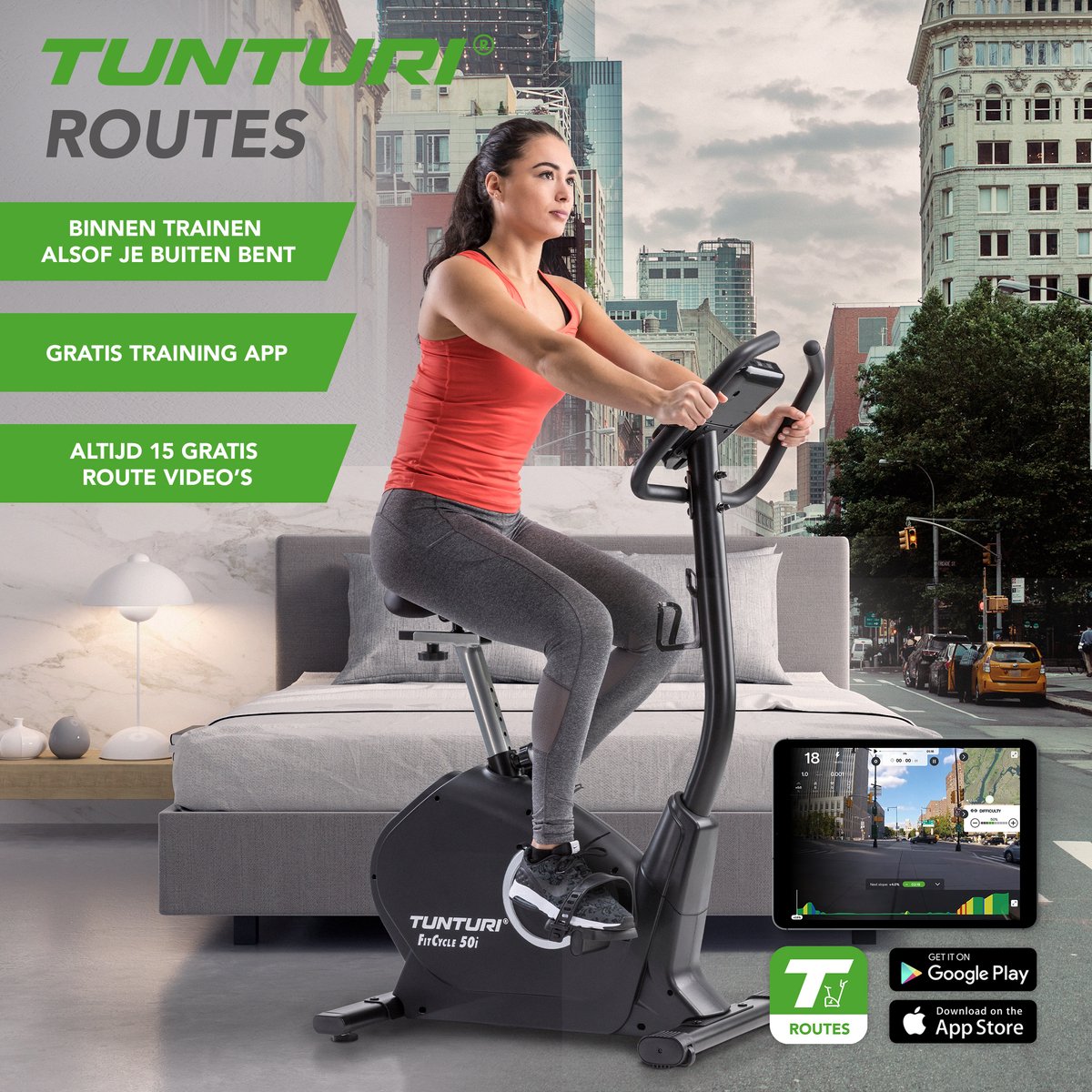 Afbeelding 2 van Tunturi Hometrainer FitCycle 50i - Hometrainer fiets - 150kg Belastbare thuis fitnessfiets - Bluetooth - 32 Weerstandsniveaus - 22 Programma's - Hartslagsensoren - Incl. fitness app