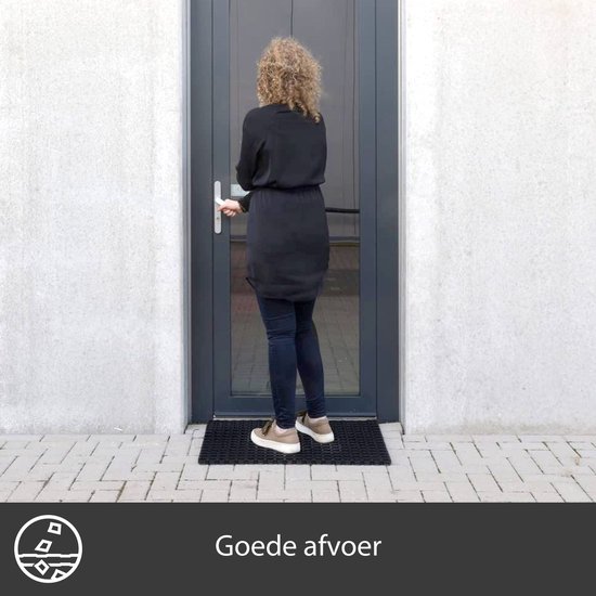 Vrouw op zwarte mat met goede afvoer, voor een glazen deur.