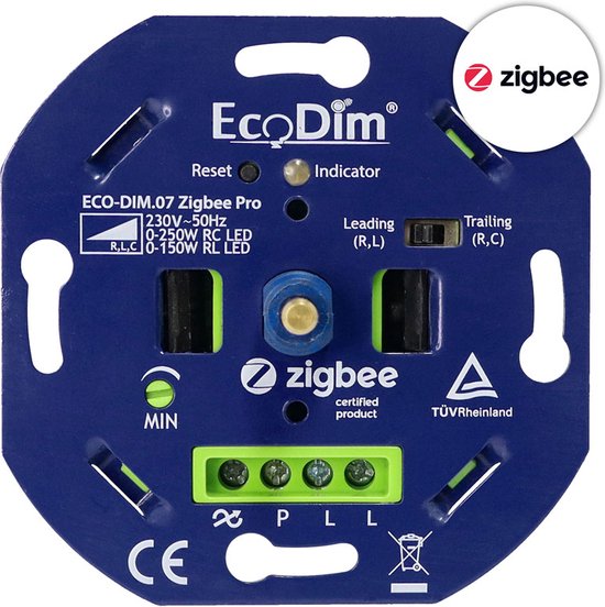 EcoDim Zigbee led dimmer, ECO-DIM.07 Zigbee Pro, druk/draai, inbouw, Touchlink, 0-250W LED, voor alle afdekmaterialen - Ecodim
