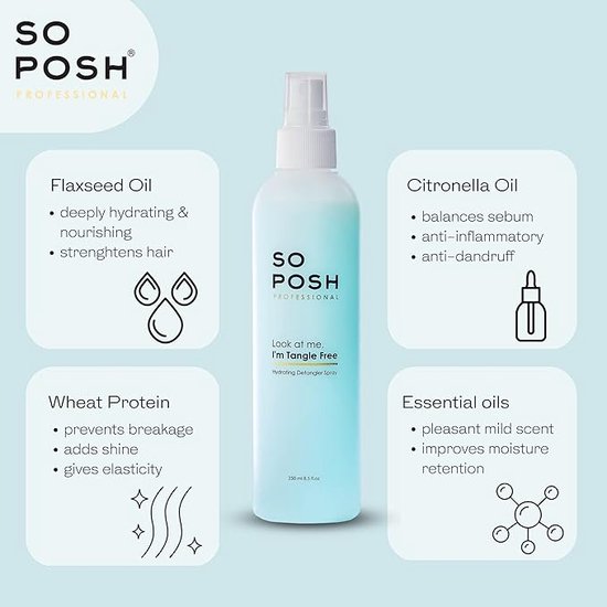 Fles "So Posh Professional" hydraterende ontklit spray met grafische illustraties van ingrediënten zoals lijnzaadolie en tarweproteïne.