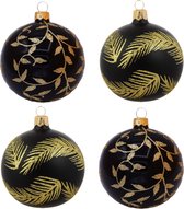 Zwarte Kerstballen met Gouden Glitter Veren en Gouden Kleine Blaadjes - Doosje met 4 glazen kerstballen