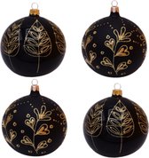 Zwarte Kerstballen met Gouden Blad Decoratie en Gouden Glitter Decoratie - Doosje met 4 glazen kerstballen