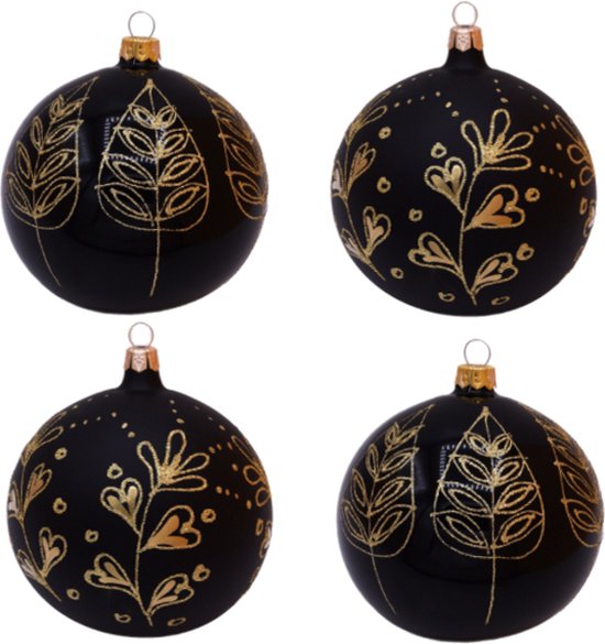 Zwarte Kerstballen met Gouden Blad Decoratie en Gouden Glitter Decoratie - Doosje met 4 glazen kerstballen