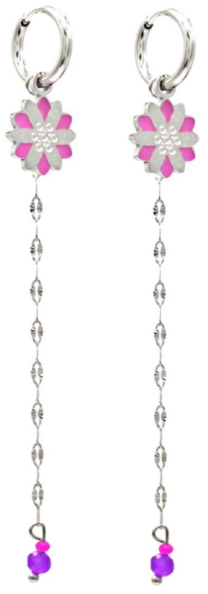 Oorbellen - Ketting en Kraal - RVS - 9 cm - Zilverkleurig en Paars